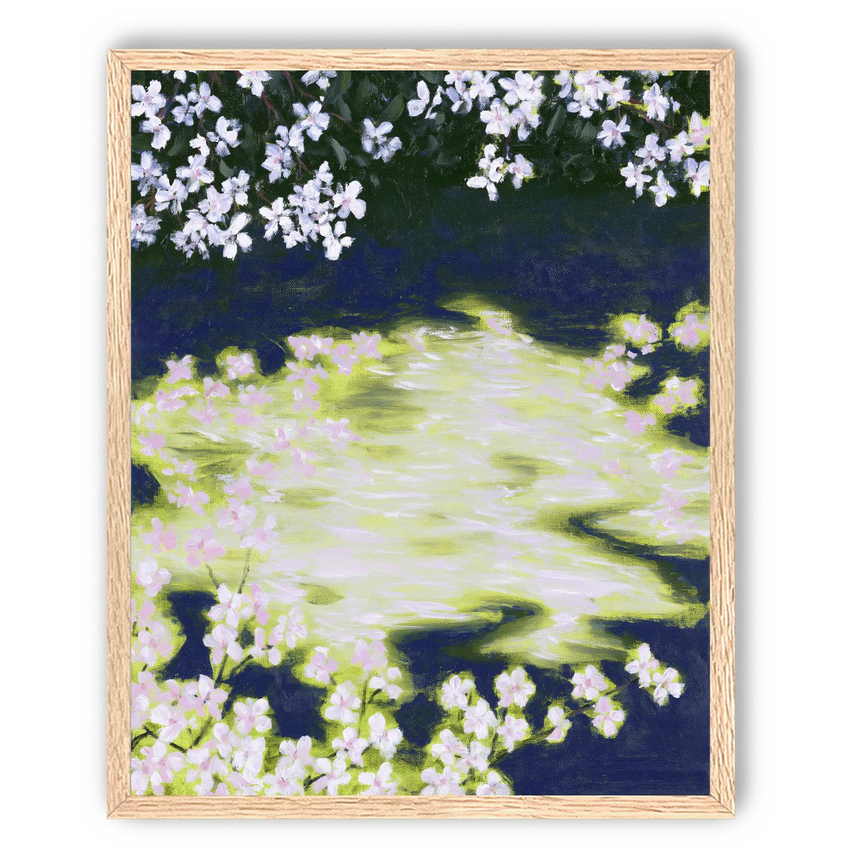 Petals crossing the bright water