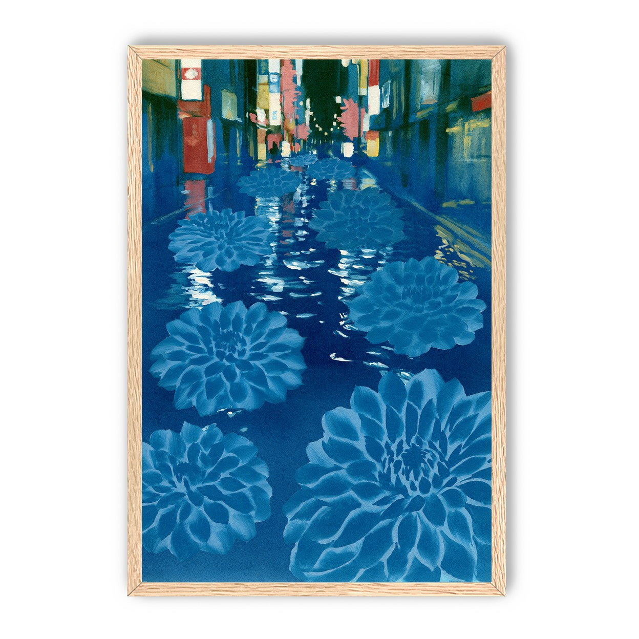 Neon spills into blue floodwater
