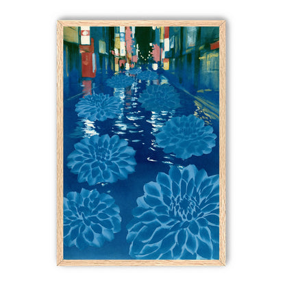 Neon spills into blue floodwater