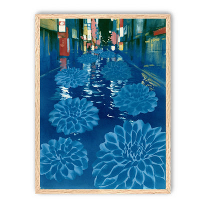Neon spills into blue floodwater