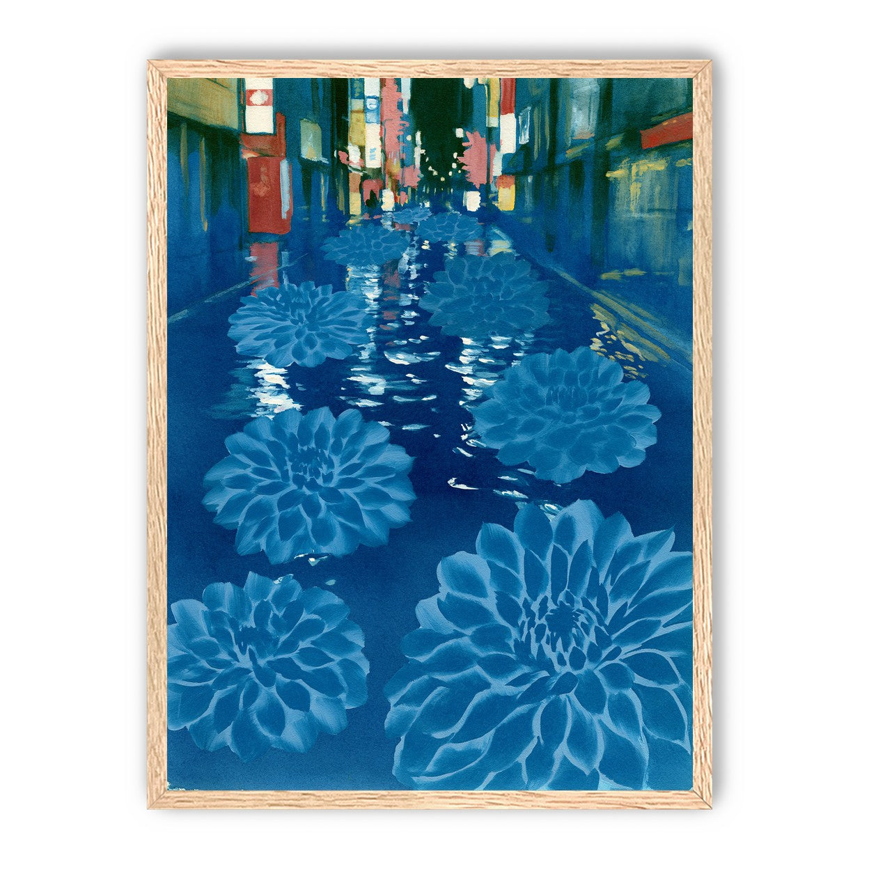 Neon spills into blue floodwater