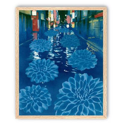 Neon spills into blue floodwater