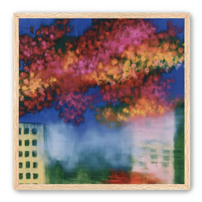 Trees above blurred windows