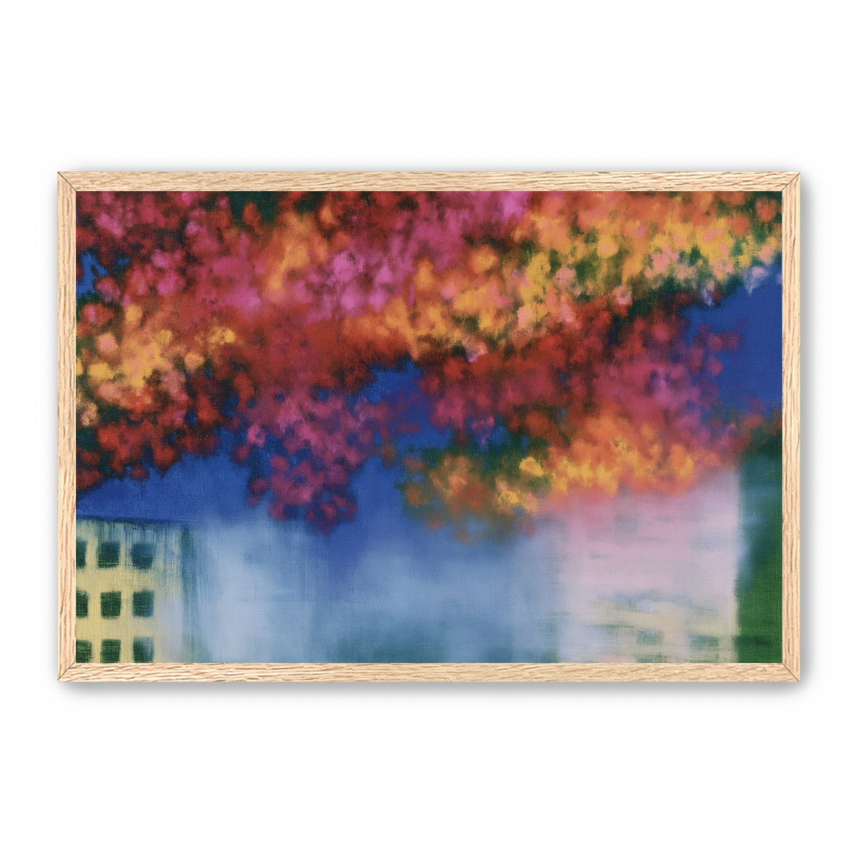 Trees above blurred windows