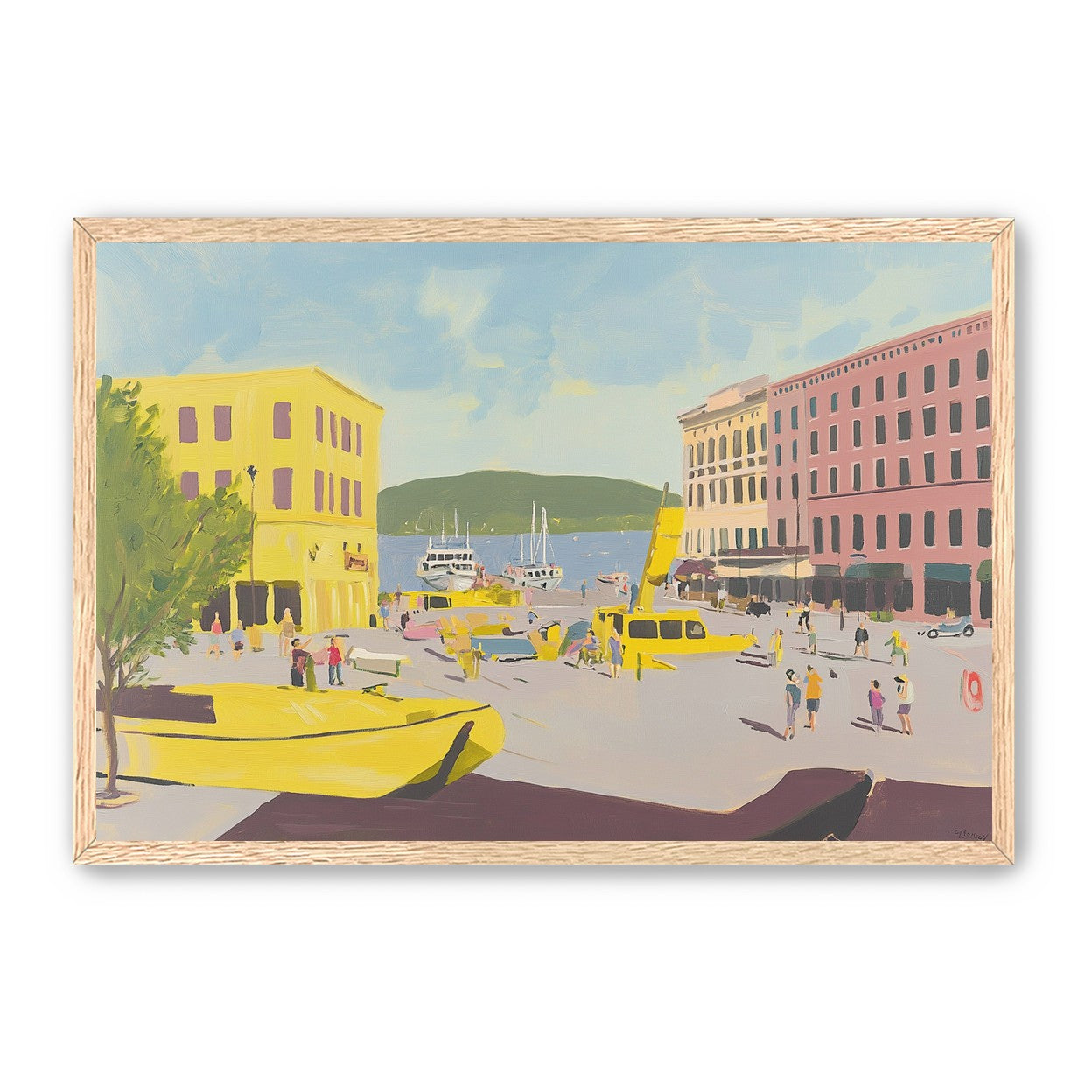 Yellow boats among pastel buildings