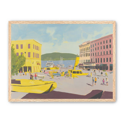 Yellow boats among pastel buildings