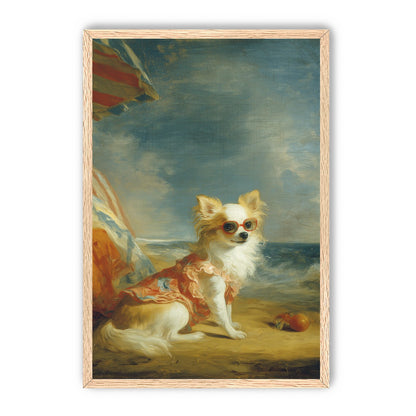 Seaside dog in red sunglasses