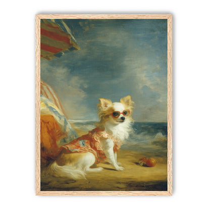 Seaside dog in red sunglasses