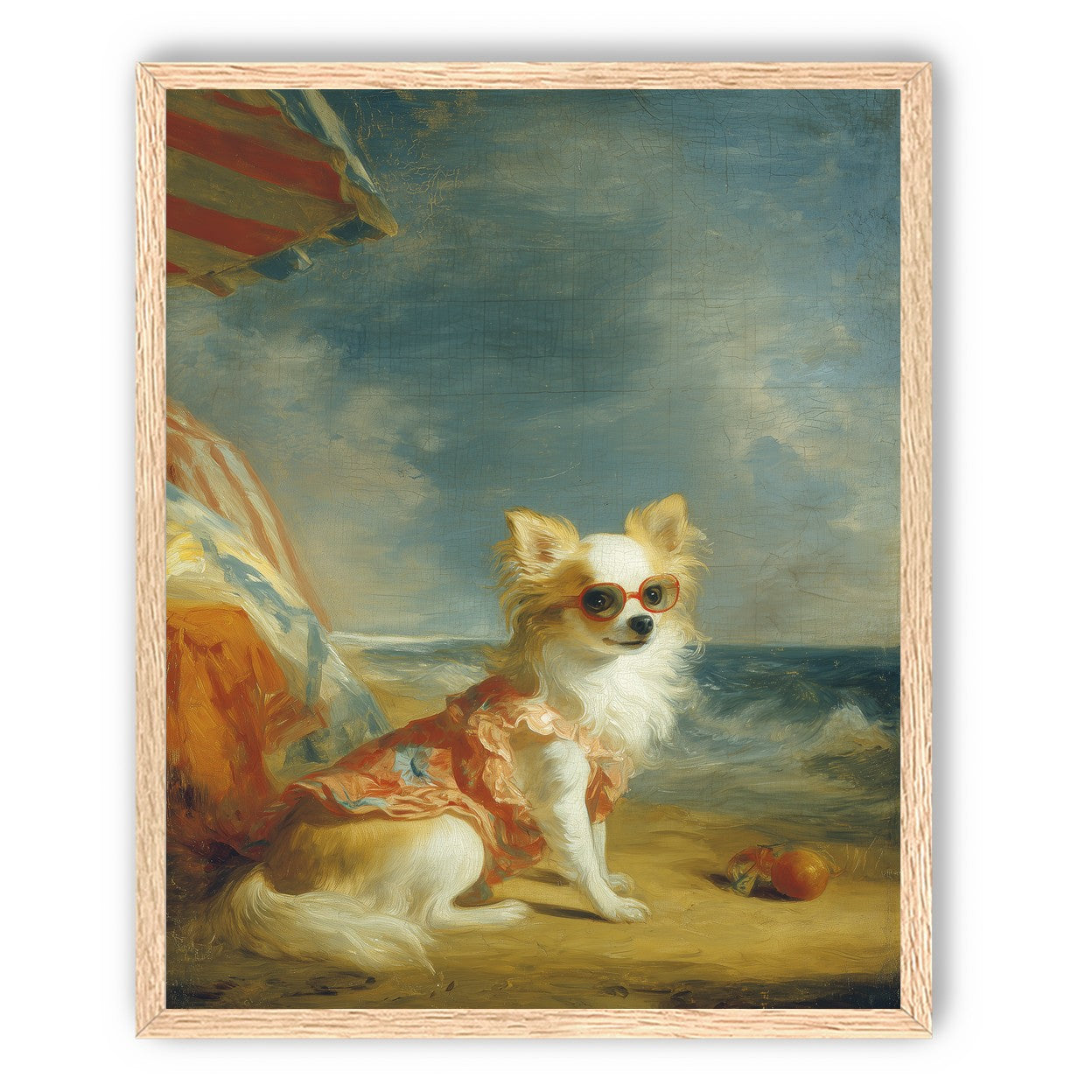 Seaside dog in red sunglasses