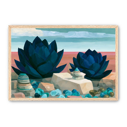 Deep blue blooms on coral ground