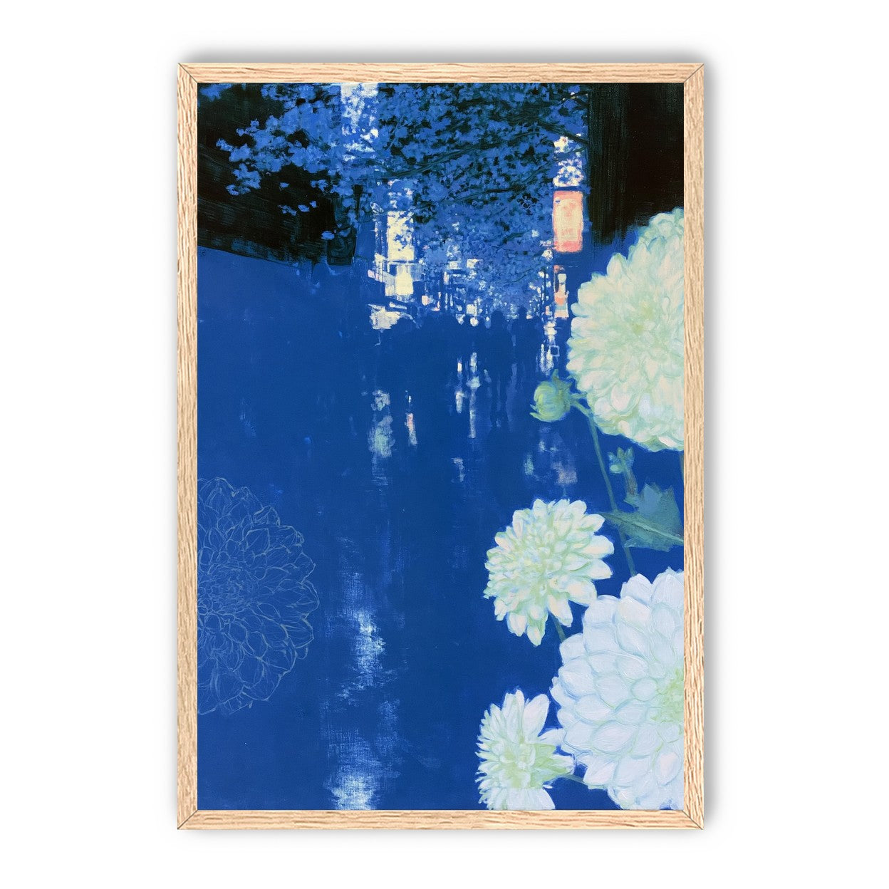 White blooms on blue canal