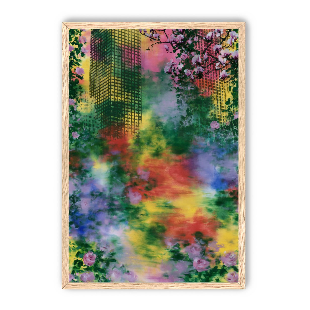 Blossoms over rainbow glass