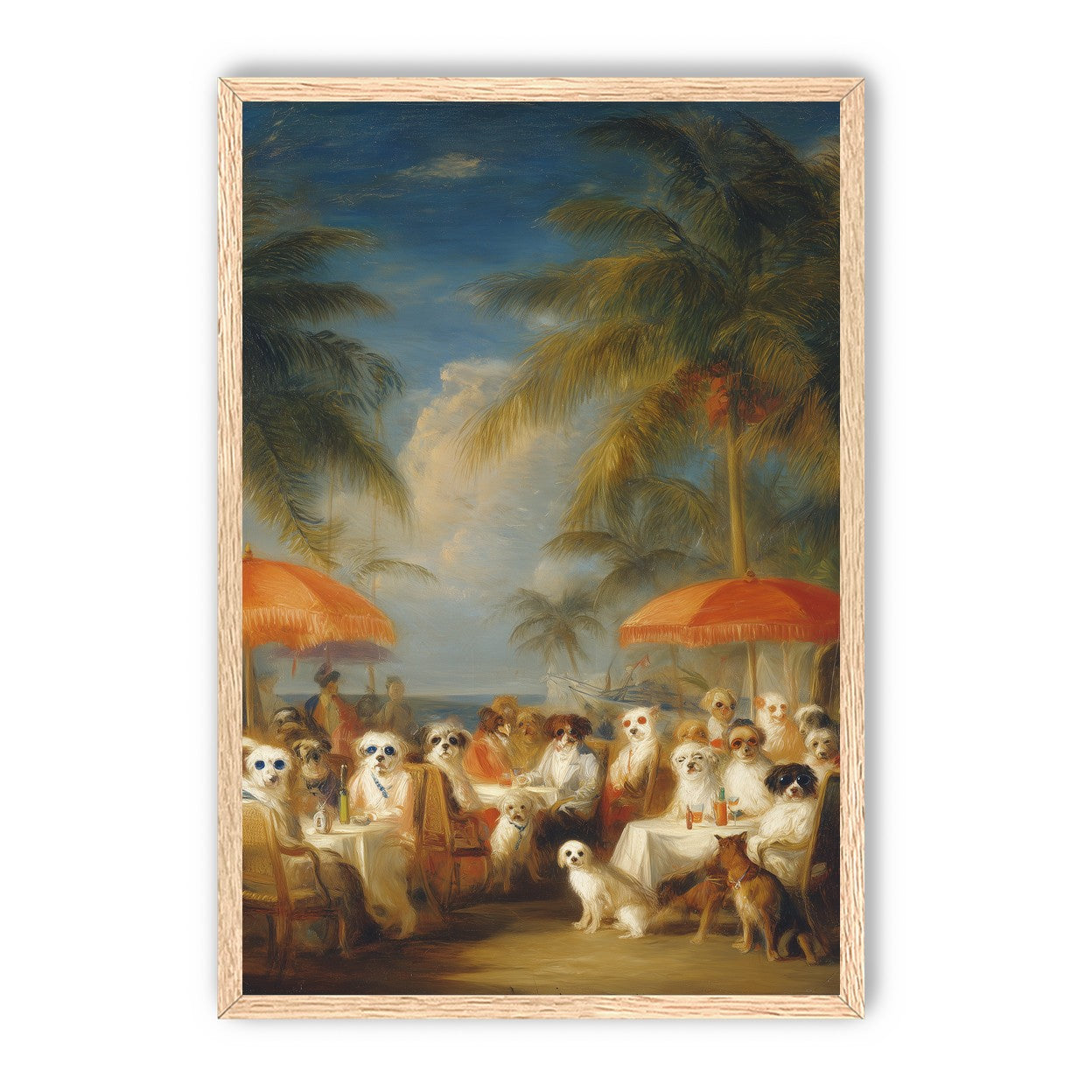 Dogs at seaside tables