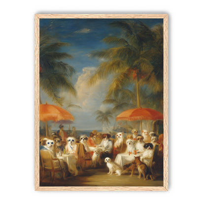 Dogs at seaside tables