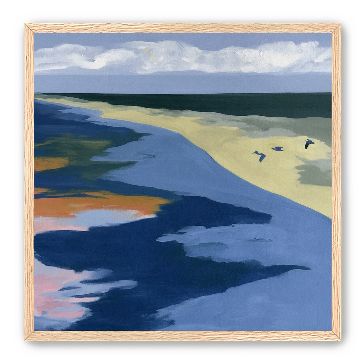 Birds over the pale shore