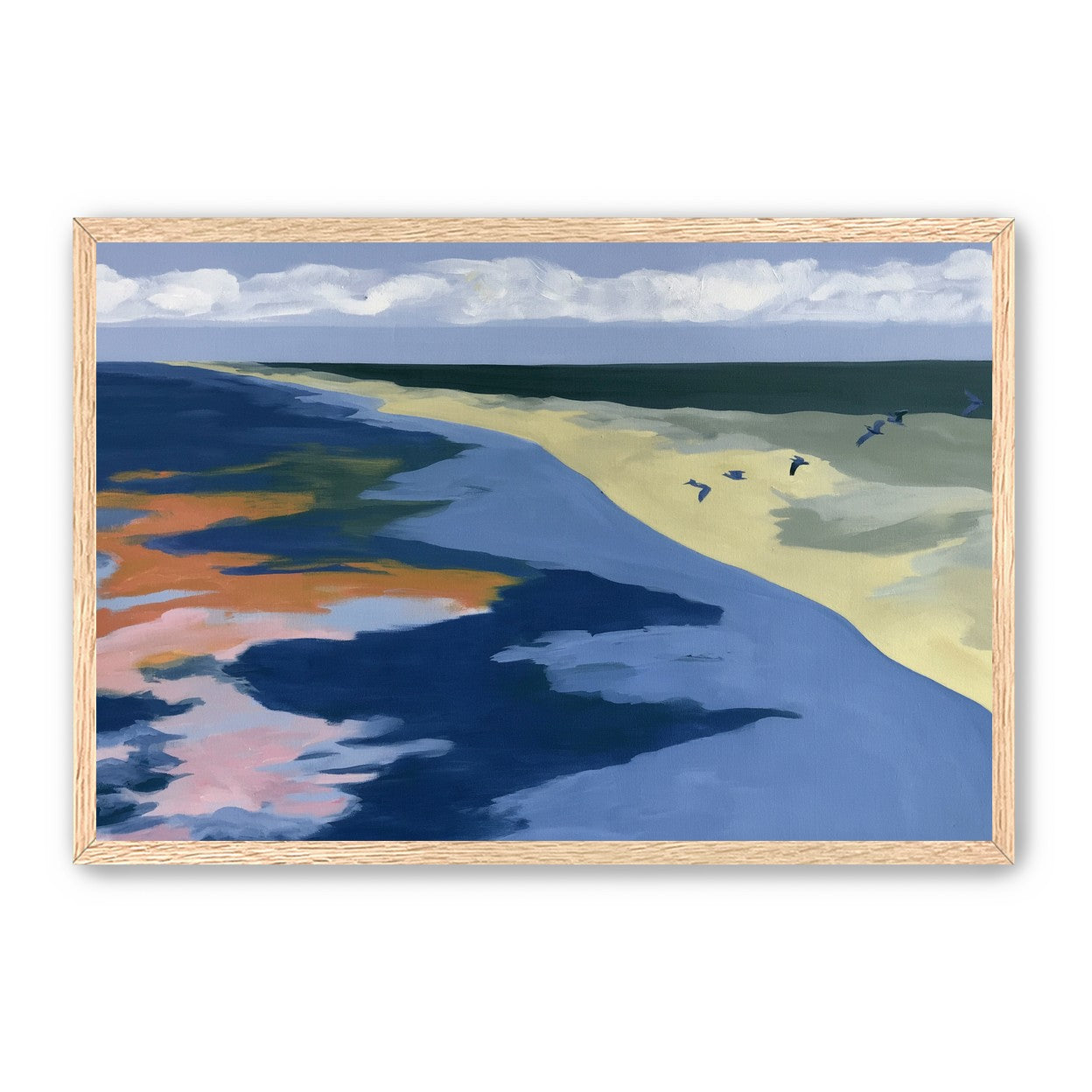 Birds over the pale shore