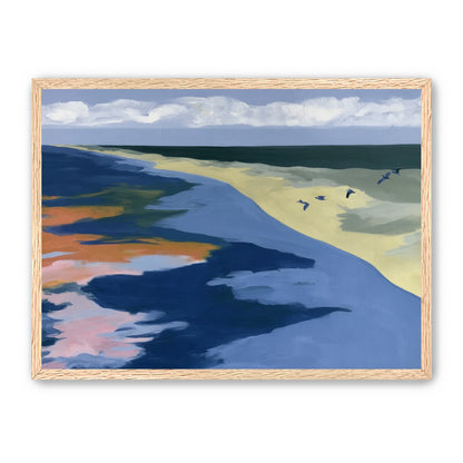 Birds over the pale shore
