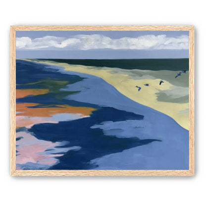 Birds over the pale shore
