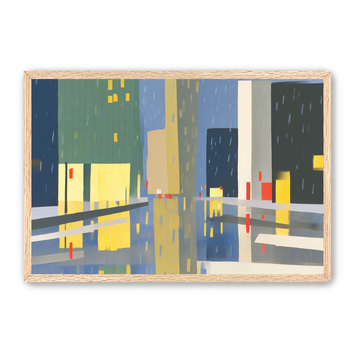 Yellow windows on wet blue street