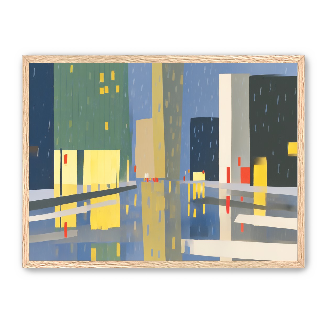 Yellow windows on wet blue street