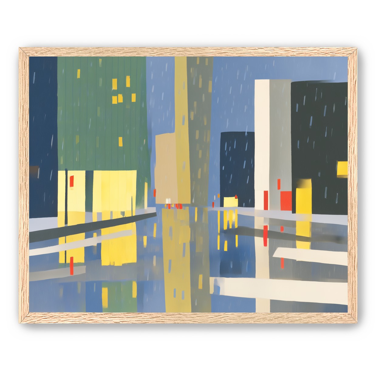 Yellow windows on wet blue street