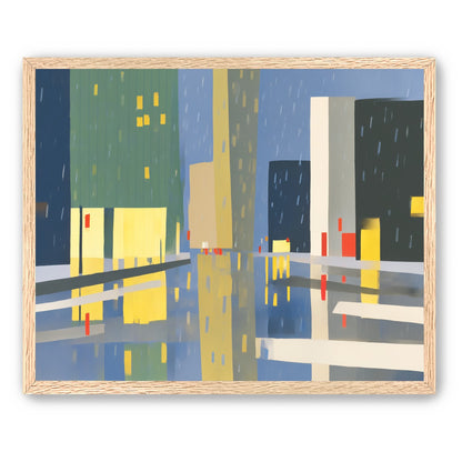 Yellow windows on wet blue street