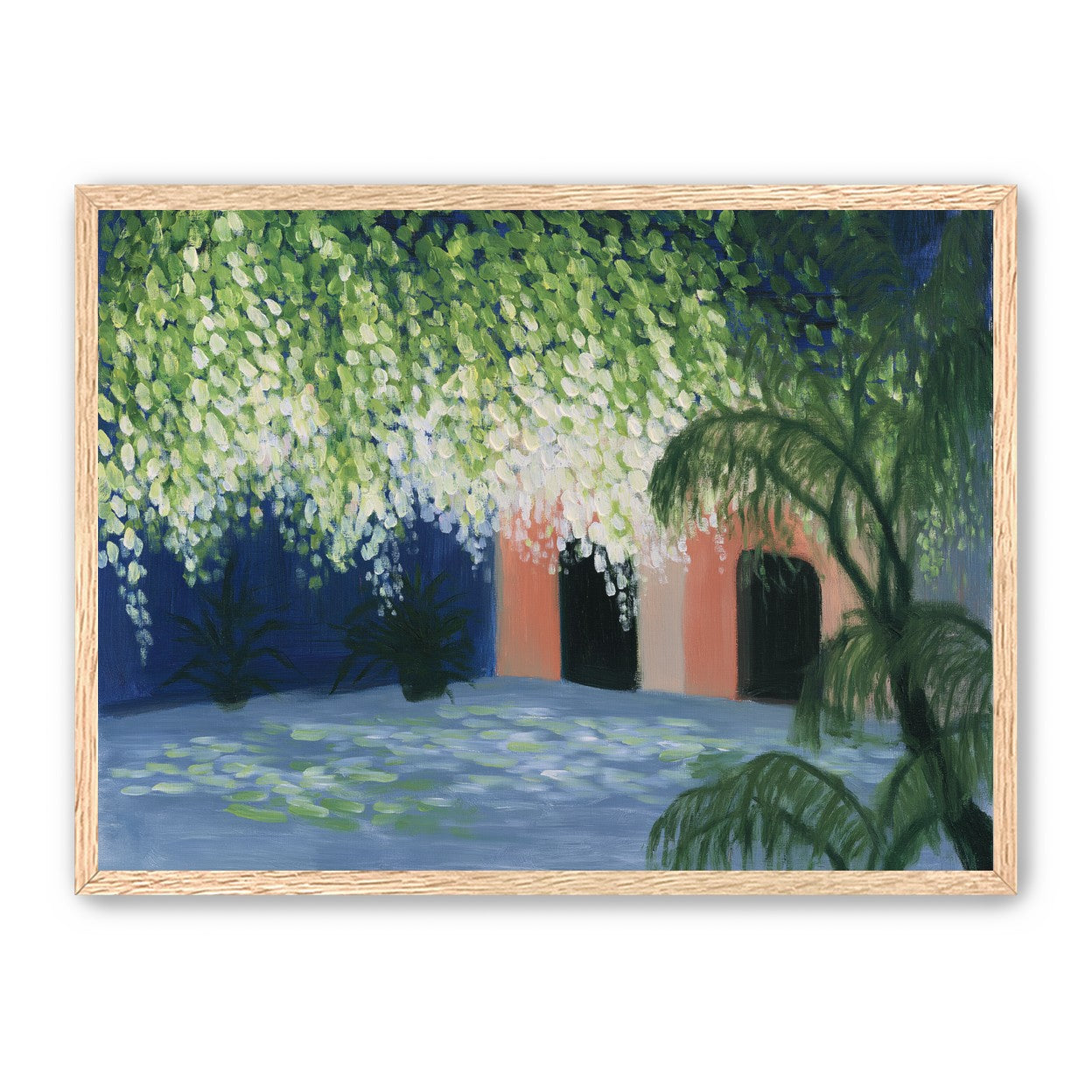 Doorway under falling blossoms