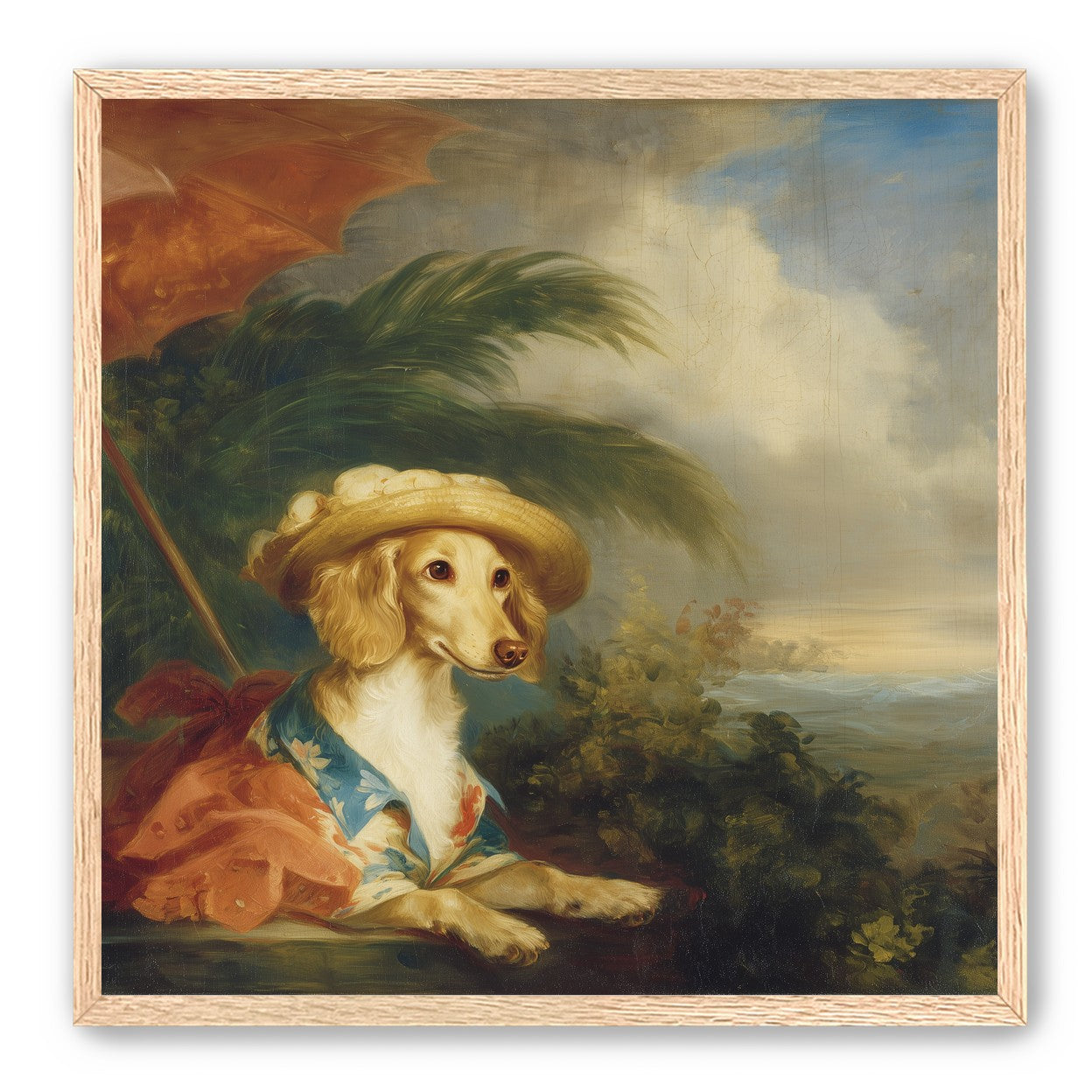 Red parasol over seaside dog