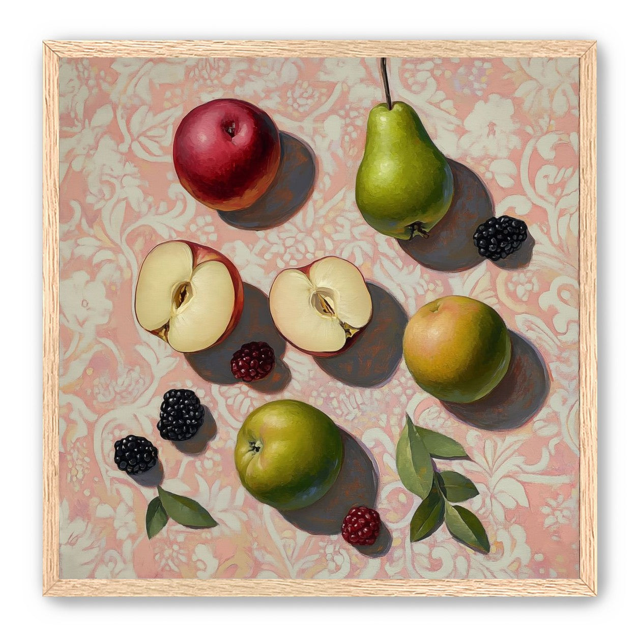 Apples, Pear, and Berries on Floral Fabric