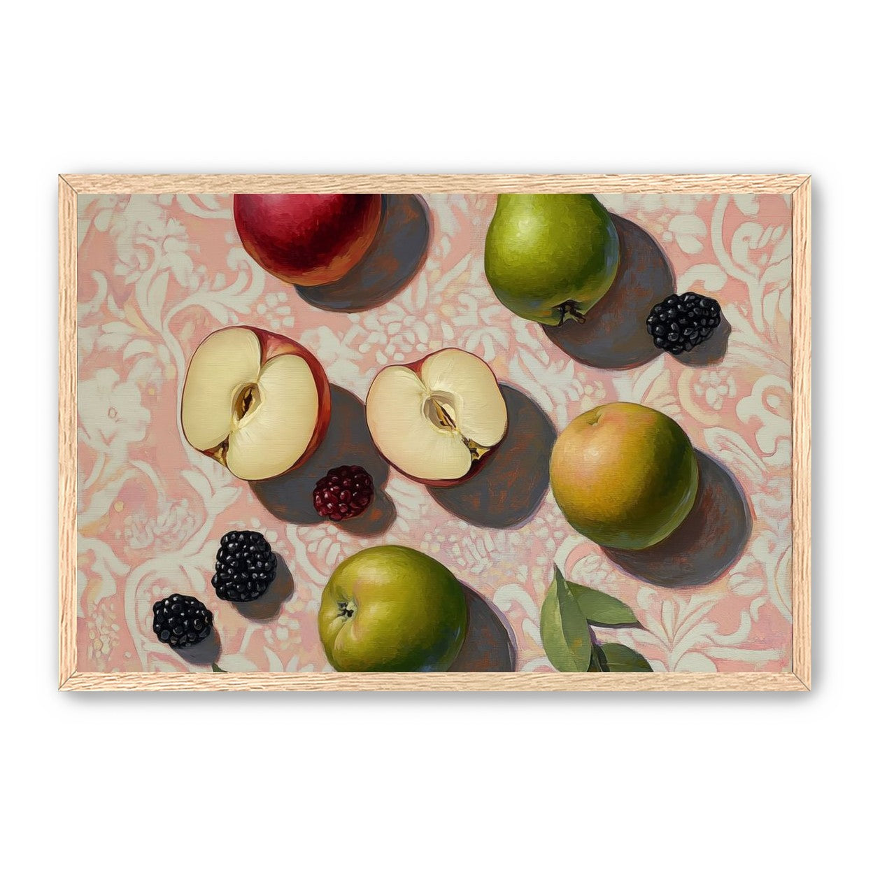 Apples, Pear, and Berries on Floral Fabric