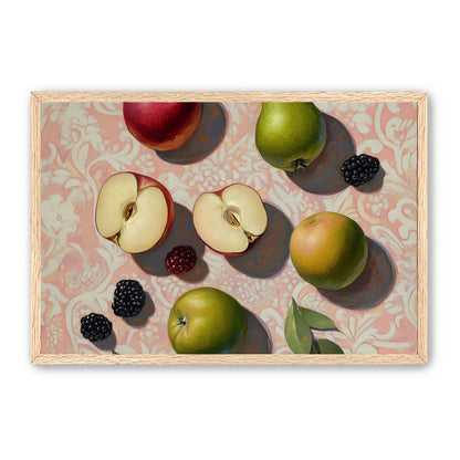Apples, Pear, and Berries on Floral Fabric