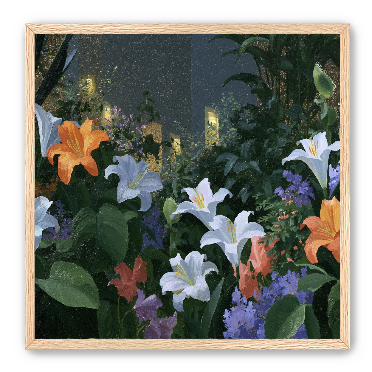 Lit windows beyond the lilies