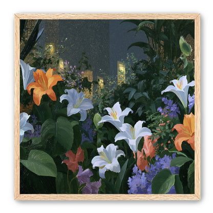Lit windows beyond the lilies