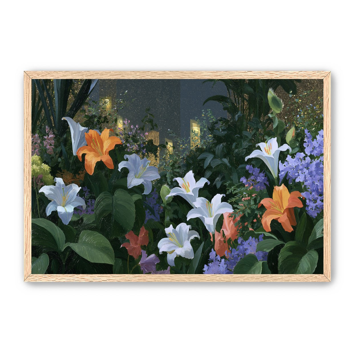 Lit windows beyond the lilies