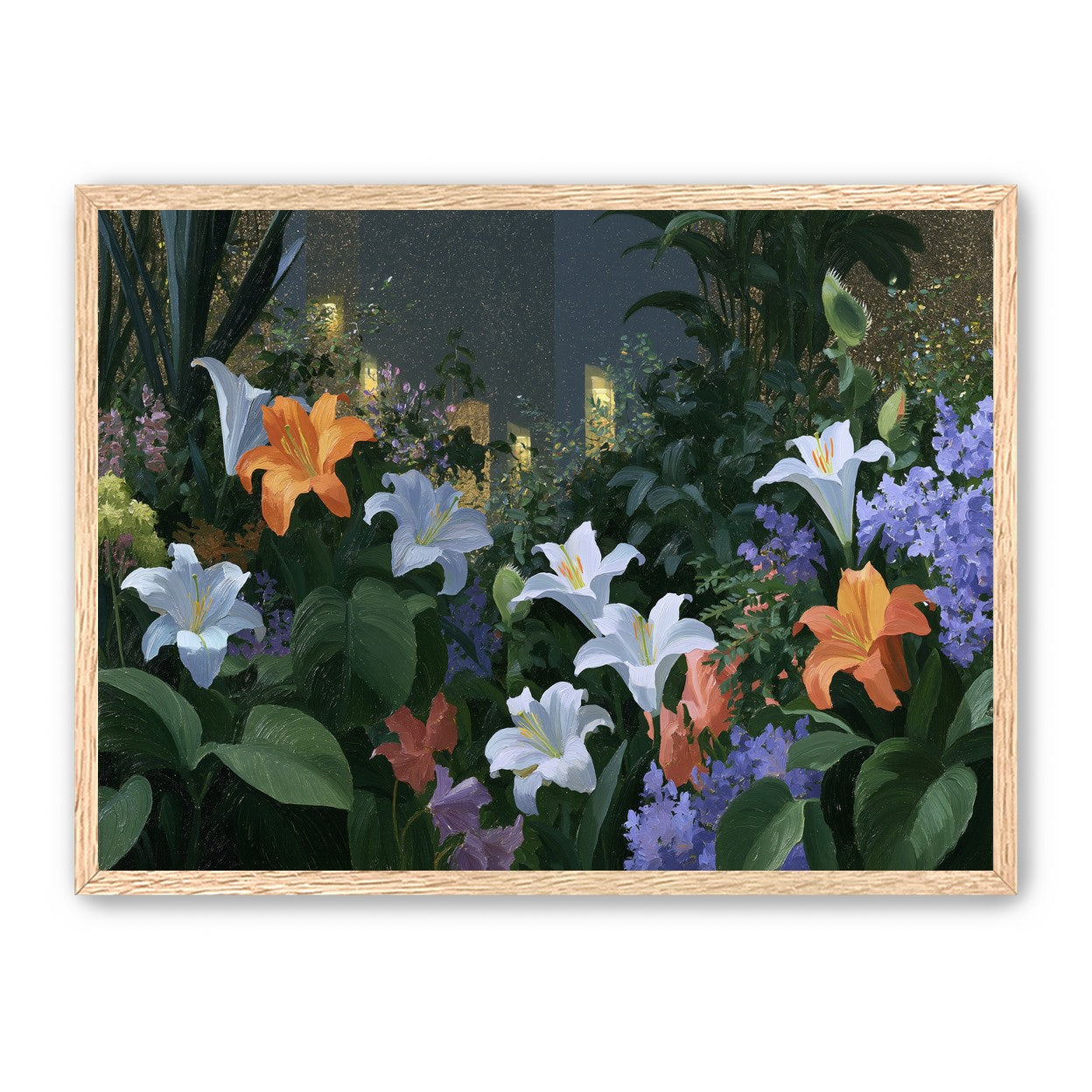 Lit windows beyond the lilies