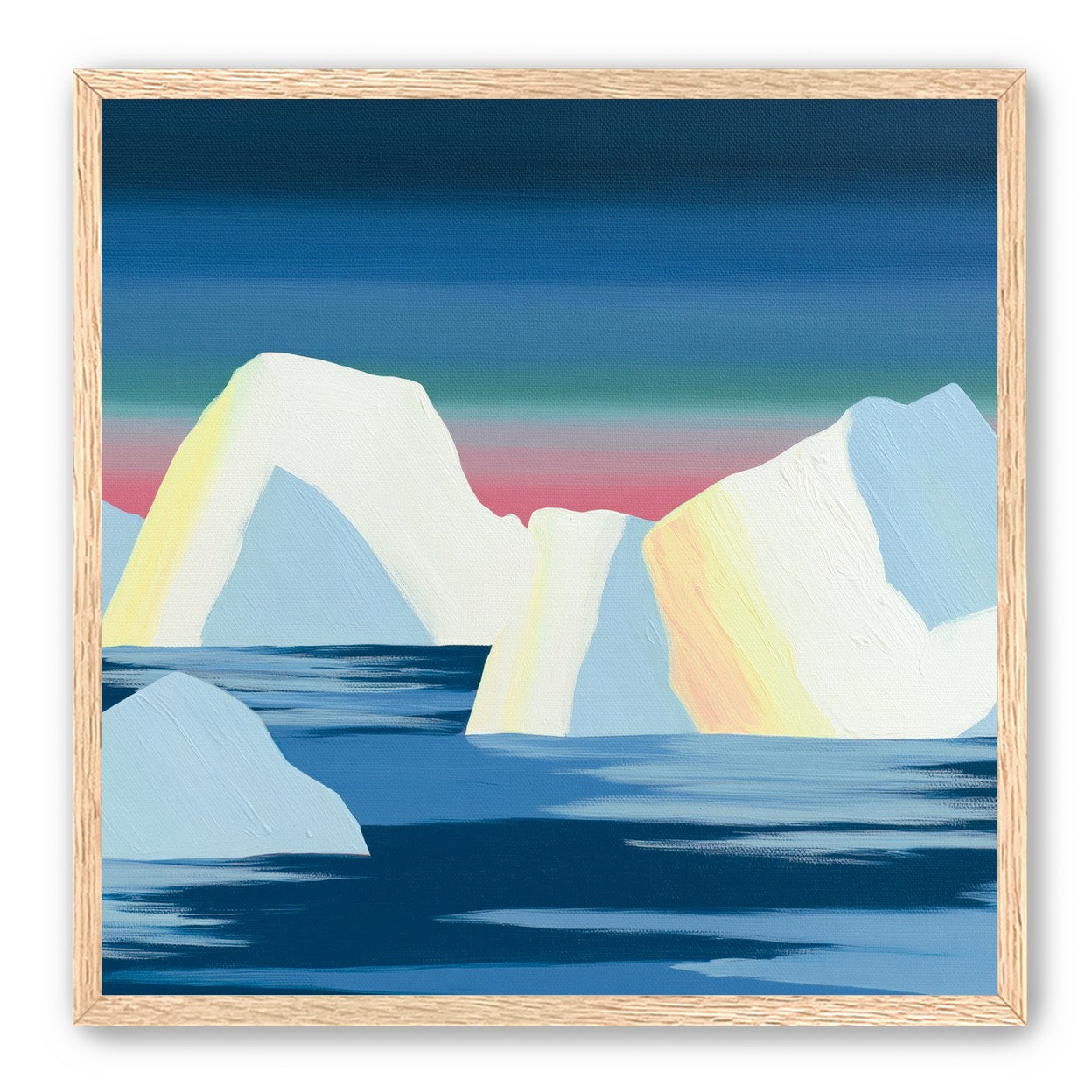 Icebergs under a pink banded sky