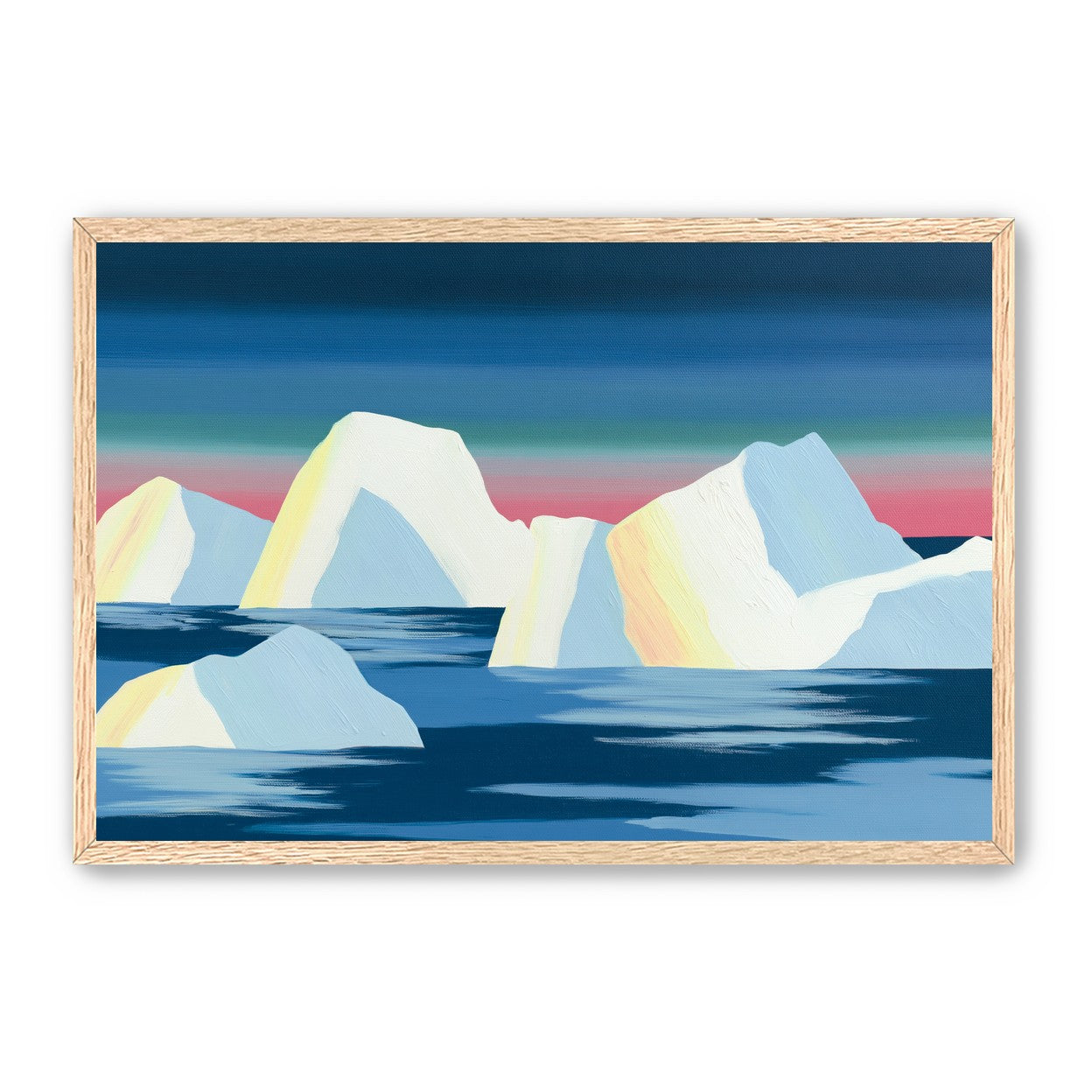 Icebergs under a pink banded sky