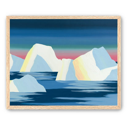 Icebergs under a pink banded sky
