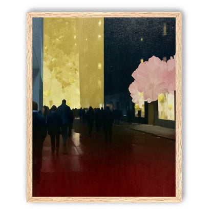 Crowd beneath the glowing wall