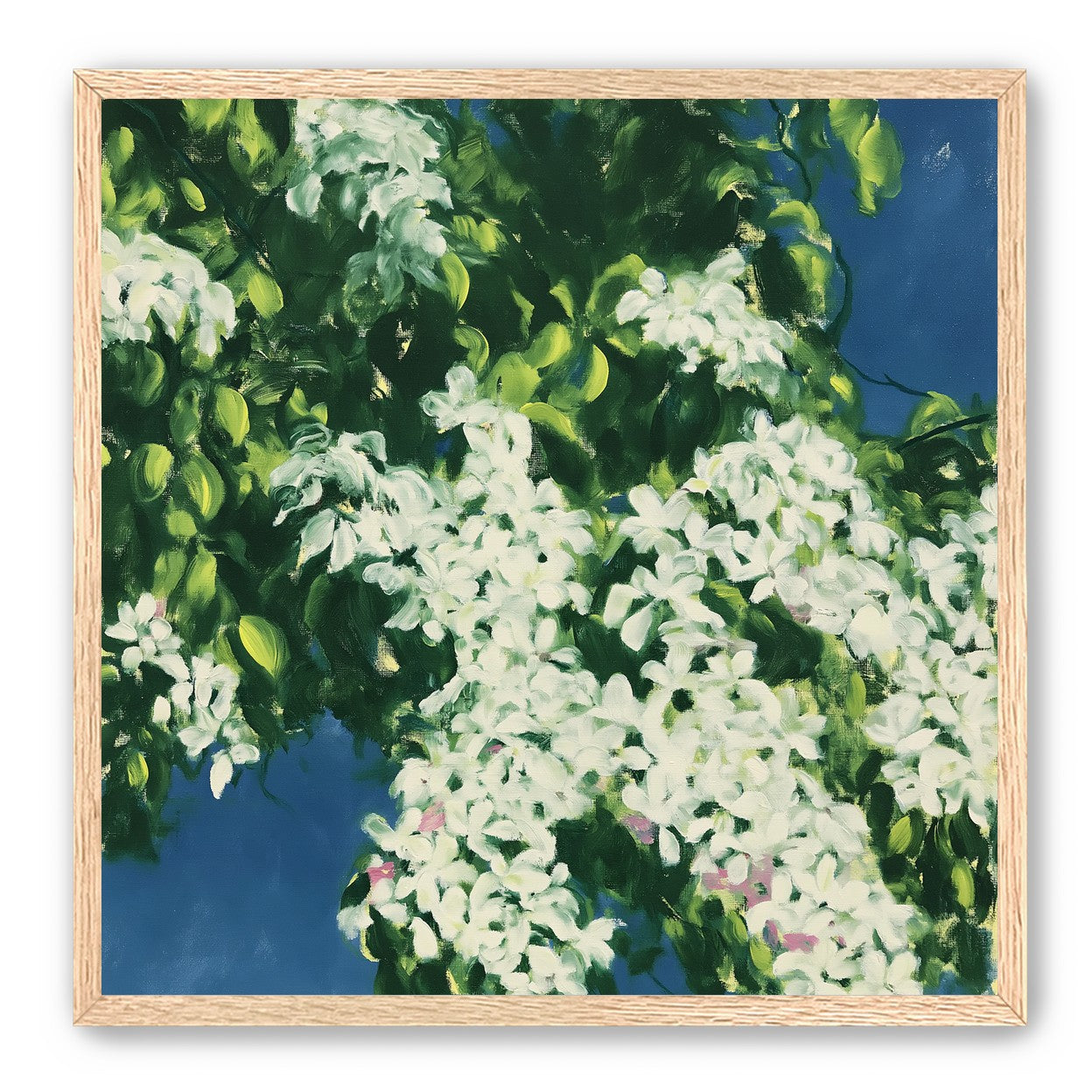 White blossoms on blue field