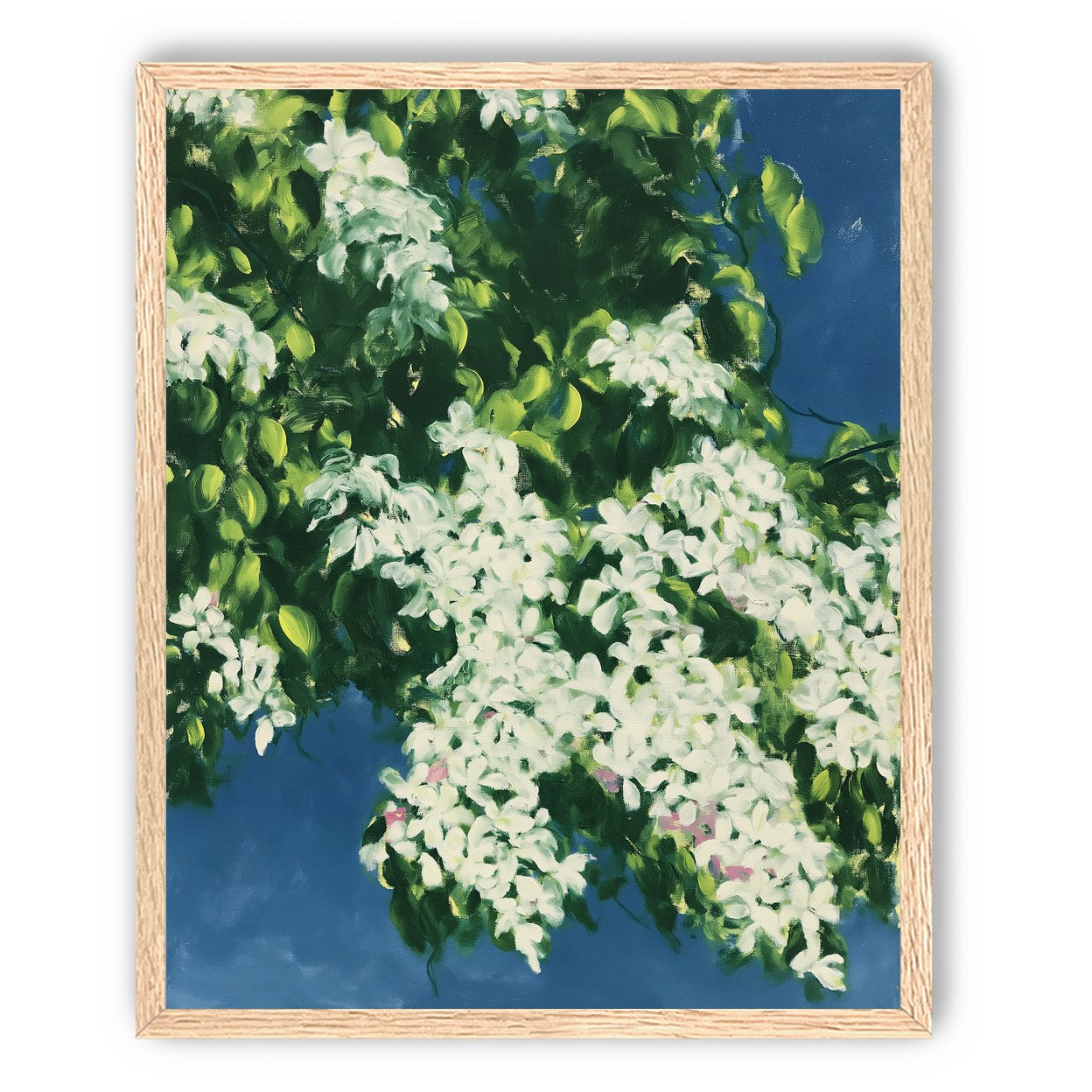 White blossoms on blue field