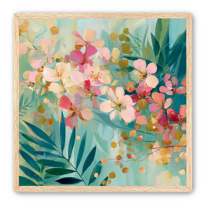 Blossoms over teal leaves