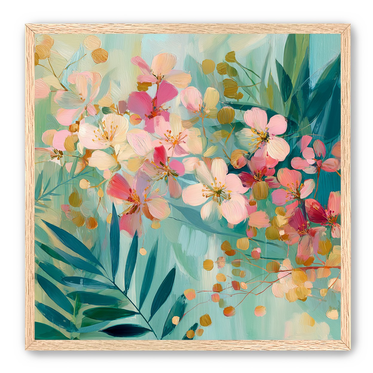 Blossoms over teal leaves