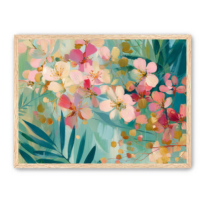Blossoms over teal leaves