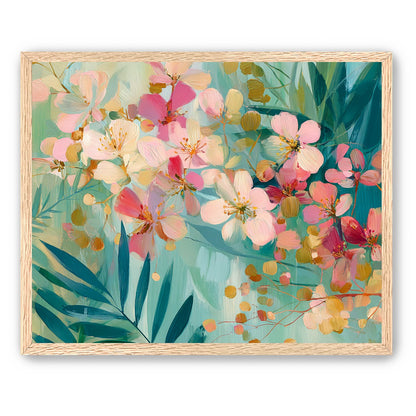 Blossoms over teal leaves