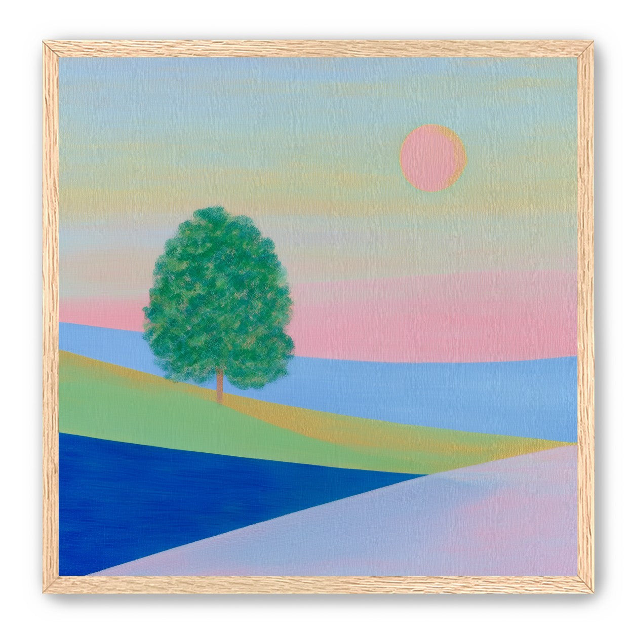 Pink sun over striped hills