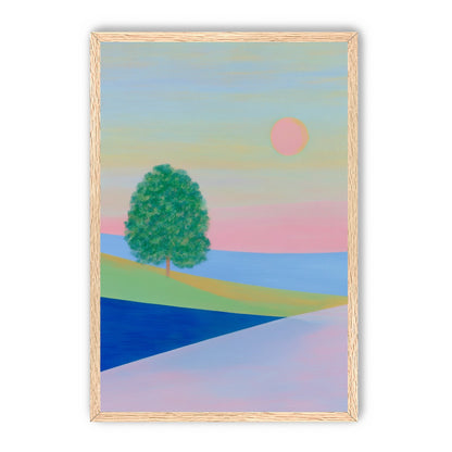 Pink sun over striped hills
