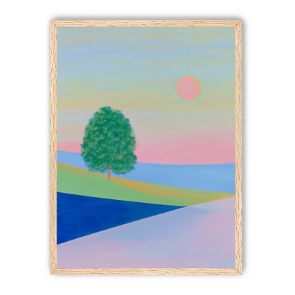 Pink sun over striped hills