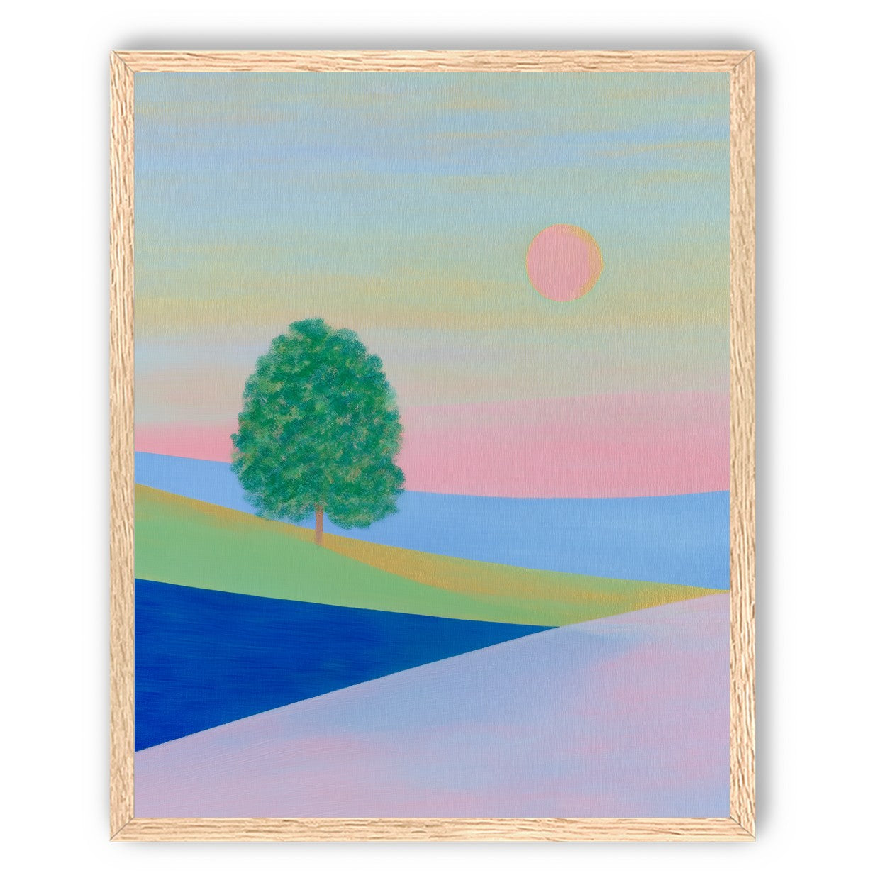 Pink sun over striped hills