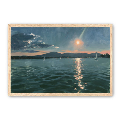 Peach sun on blue water